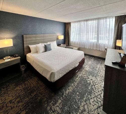 a hotel room with a bed and a large window at Clarion Hotel & Convention Center Joliet in Joliet