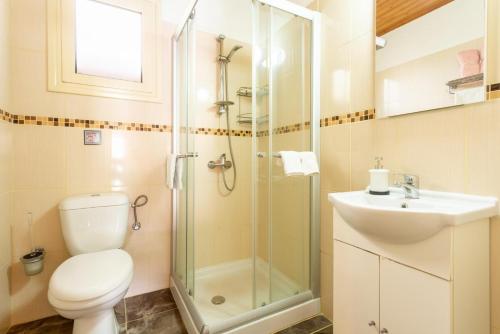 een badkamer met een douche, een toilet en een wastafel bij Villa Constantinos in Kato Yialia