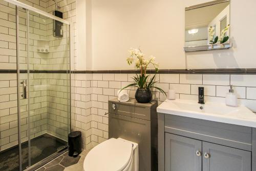 a bathroom with a toilet and a sink at Spacious, Elegant City Centre Apartment with FREE WIFI in Nottingham