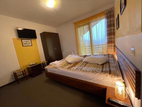 a bedroom with a large bed and a window at Pensiunea MIS in Bran