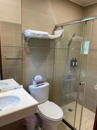uma casa de banho com um chuveiro, um WC e um lavatório. em SoHo NewYork em Toucheng