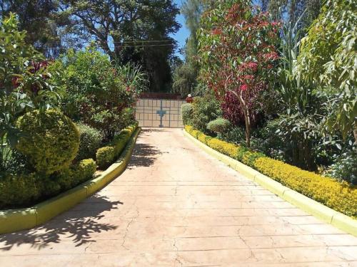 a walkway in a garden with bushes and trees at Greton Holiday Villa in Meru