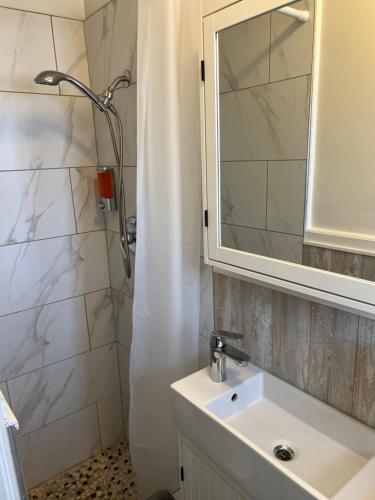 uma casa de banho com um lavatório e um chuveiro com um espelho. em Expo Motel em Hollywood