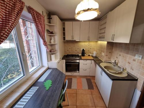 a kitchen with a table and a sink and a window at Bastion Apartment in Timişoara