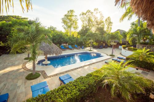 an aerial view of a pool with chairs and palm trees at Nicawaves in Popoyo