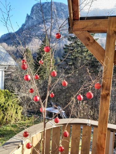 a tree with red balls on it with a mountain in the background at InGreen house in Bohinjska Bela