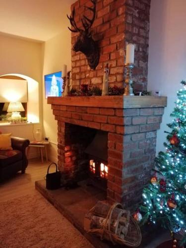 a christmas tree in a living room with a fireplace at Drumnavaddy Cottage Banbridge, Dromore, County Down in Dromore