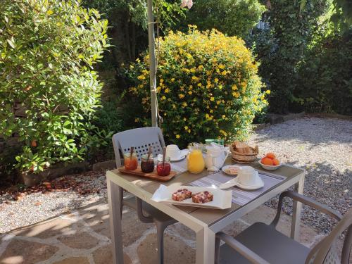 - une table avec petit-déjeuner dans le jardin dans l'établissement Le Relais de Ceilhes, à Ceilhes-et-Rocozels