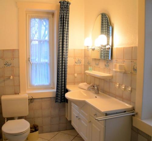 uma casa de banho com um lavatório, um WC e um espelho. em Haus 94- Whg 2 em Oldsum