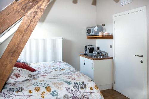 een slaapkamer met een bed en een wastafel in een kamer bij Franciscushof in Neerpelt