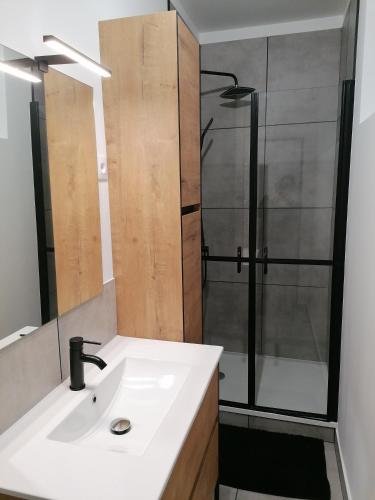 W łazience znajduje się umywalka i prysznic. w obiekcie Chez Stephanie w mieście Rang-du-Fliers