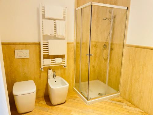a bathroom with a shower and a toilet and a sink at Blue Shades Hotel in Pisa
