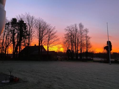 a sunset in a field with trees and a house at Nyopført luksusværelse i naturskønne og rolige omgivelser in Branderup