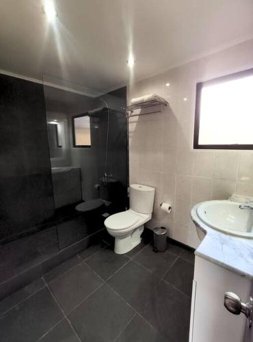 a bathroom with a toilet and a sink at Moderna Cabaña con tinaja caliente in Pirque