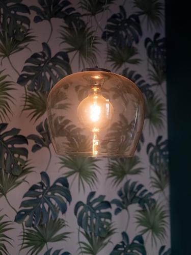 a light hanging from a wall with a butterfly wallpaper at AlbaResidence Vico01 in Alba