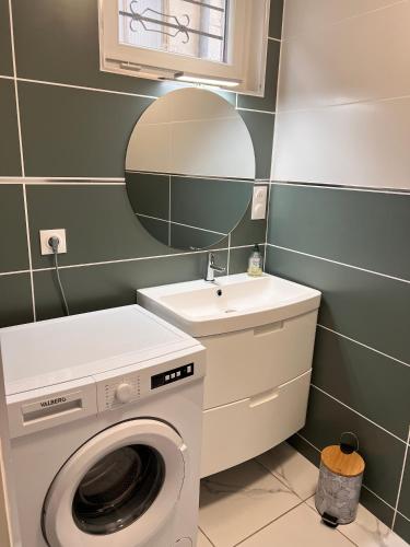 une salle de bain avec une machine à laver et un lavabo dans l'établissement YellowHouse - CosyHouseByJanna, à Châtellerault