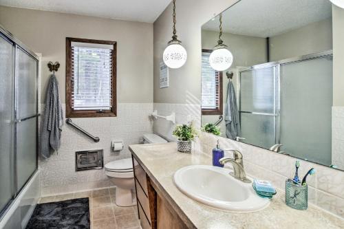 a bathroom with a sink and a toilet and a mirror at Cabin Getaway with Private Dock, Walk to Trail! in Nevis