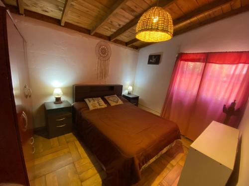 a bedroom with a bed and a red curtain at Evergreen in Mar del Plata