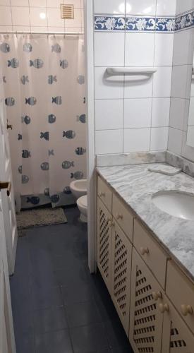 a bathroom with a sink and a toilet and a shower at Departamento céntrico en San Martín, amplio, con aire acondicionado y cochera privada in San Martín