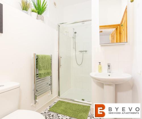 a bathroom with a shower and a sink at ByEvo Oswestry Barn - Quirky romantic retreat or cosy contractor base in Oswestry