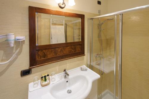 un baño con lavabo y ducha en Hotel Garden Zorzi, en San Felice del Benaco
