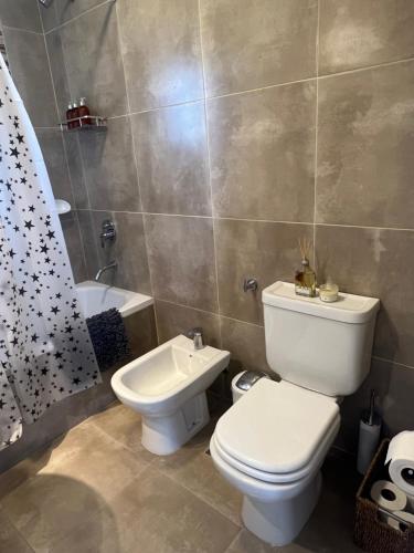 a bathroom with a toilet and a sink and a shower at Departamento a metros del parque 3ro C in Tandil