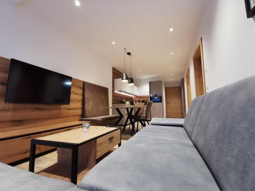 Una sala de estar con un sofá y un televisor de pantalla plana. en Appartements Vadret, en Samnaun
