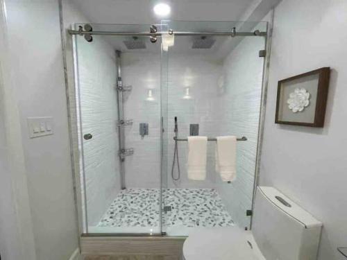 a bathroom with a shower with a glass door at Lux Family Xcape with HotTub Fireplace Deck BBQ in Silver Spring