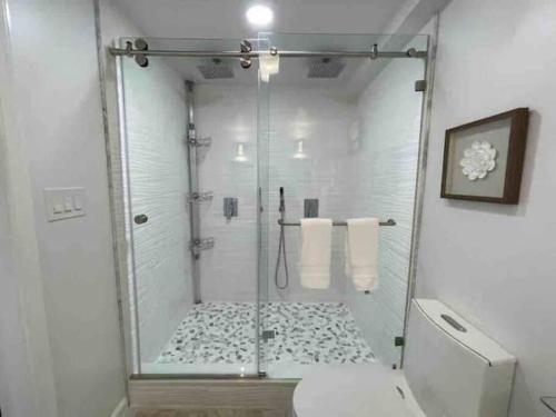 Un baño con ducha con puerta de cristal. en Lux Family Xcape with HotTub Fireplace Deck BBQ, en Silver Spring