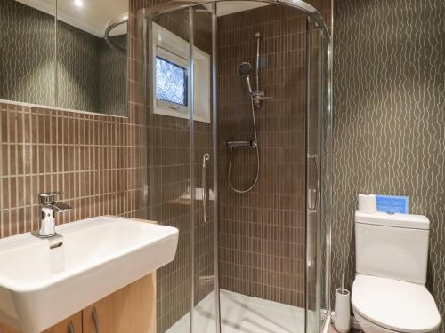 a bathroom with a shower and a sink and a toilet at Washburn Lodge in Harrogate