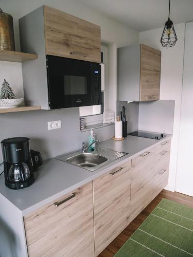 a kitchen with a sink and a microwave at Willy´s Ferienzimmer im Tabakdorf Hatzenbühl in Hatzenbühl