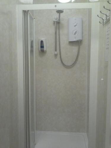 a shower in a bathroom with a glass door at Kingswood Guest House in Stockton-on-Tees