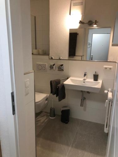 ein Badezimmer mit einem Waschbecken, einem WC und einem Spiegel in der Unterkunft Sonthof City in Sonthofen