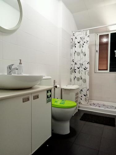 a bathroom with a toilet and a sink and a shower at Machico Centre Comfort in Machico