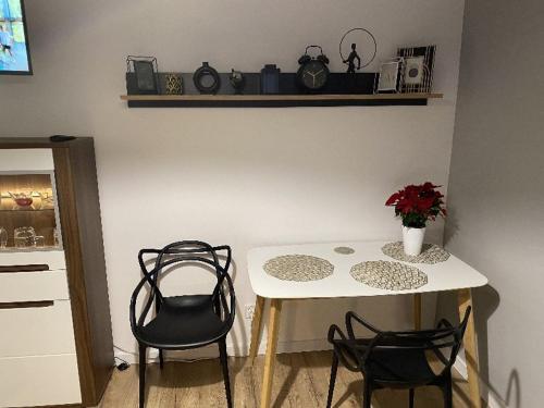 stół z 2 krzesłami i stół z wazonem kwiatów w obiekcie Apartamenty Błogi Sen II- komfortowy nocleg w spokojnej lokalizacji w Zabrzu