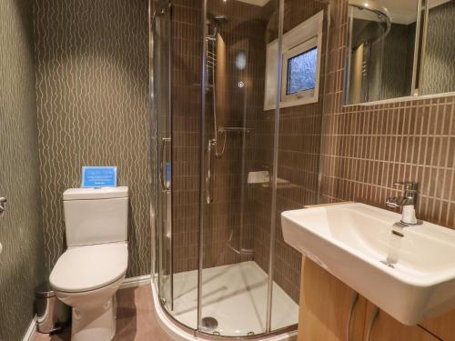 a bathroom with a shower and a toilet and a sink at Swinsty Lodge in Harrogate