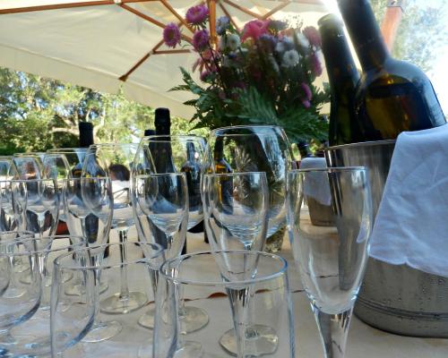 a row of wine glasses on a table with a bottle of wine at Tenuta Terre di Bosco Oasi di Relax nel Cilento in San Giovanni a Piro