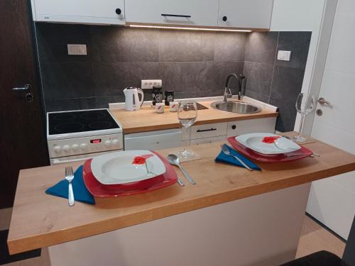 - une cuisine avec un plan de travail à deux assiettes et un évier dans l'établissement Apartman KLM, à Pančevo