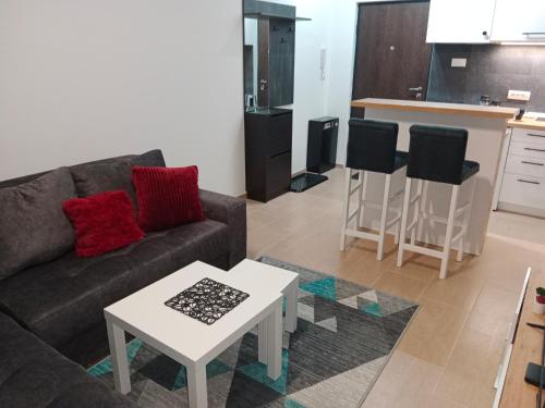 - un salon avec un canapé et une table dans l'établissement Apartman KLM, à Pančevo