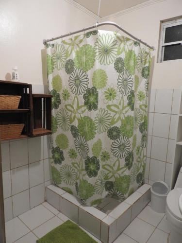 - un rideau de douche avec un motif floral dans la salle de bains dans l'établissement Hostal Ribera de Quitor, à San Pedro de Atacama