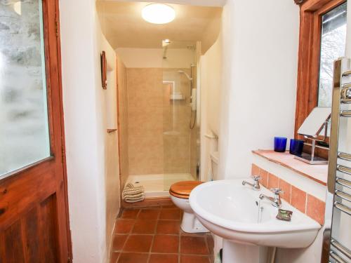 a bathroom with a sink and a toilet and a shower at Walkmill Barn in Bishops Castle