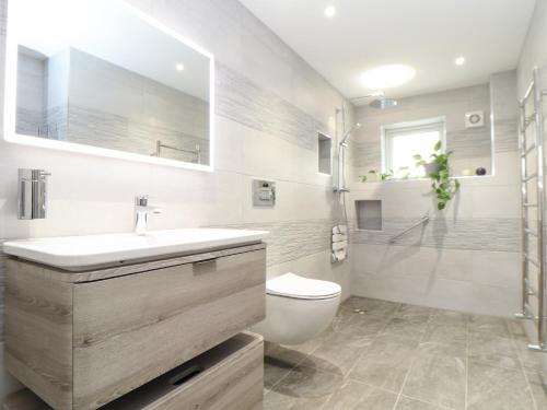 een badkamer met een toilet, een wastafel en een douche bij Fern Cottage in Redruth