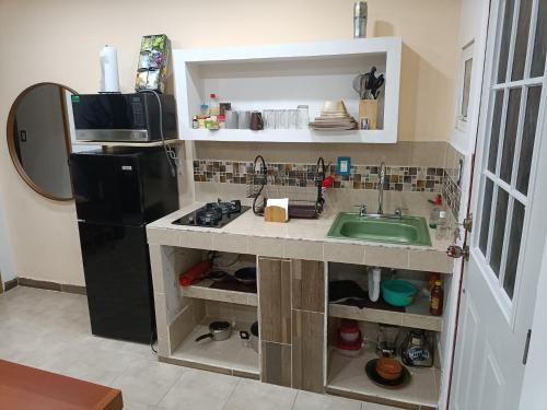a small kitchen with a sink and a refrigerator at PentHouse con Roof Garden Privado Aeropuerto CDMX in Mexico City