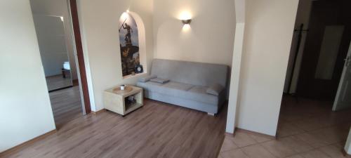 una sala de estar con un sofá y una mesa en Apartament Żabi Kruk, en Gdansk