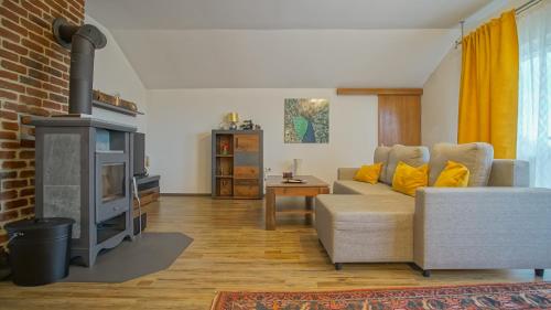a living room with a couch and a fireplace at Vilux with indoor private parking in Braşov