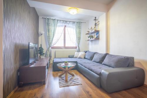 ein Wohnzimmer mit einem Sofa und einem Tisch in der Unterkunft TATRYSTAY Great Apartment - 2 King size beds in Veľká Lomnica