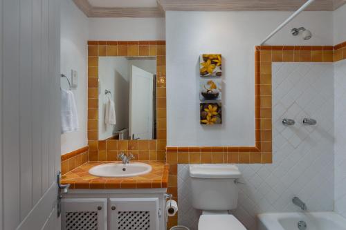 a bathroom with a sink and a toilet and a mirror at Paradise Palms Sugar Hill in Saint James