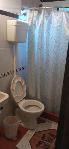 a bathroom with a toilet and a shower curtain at El Remanso in Durazno