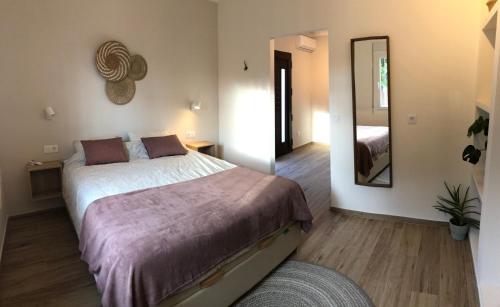 ein Schlafzimmer mit einem großen Bett und einem Spiegel in der Unterkunft Casa Rural Y Spa de Regina 