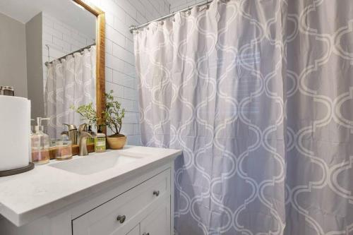 y baño con cortina de ducha y lavamanos. en Contemporary Cottage near zoo and Rhodes college en Memphis